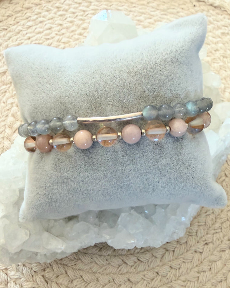 Labradorite with Sterling Silver + Sunstone and Champagne Aura Quartz (Set)
