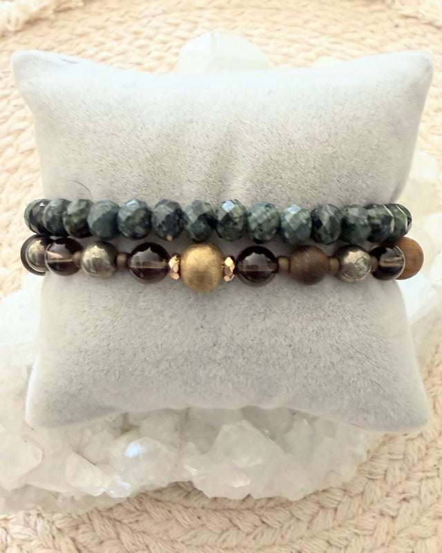 Kambaba Jasper + Smoky Quartz, Pyrite, Tigers Eye (Set)