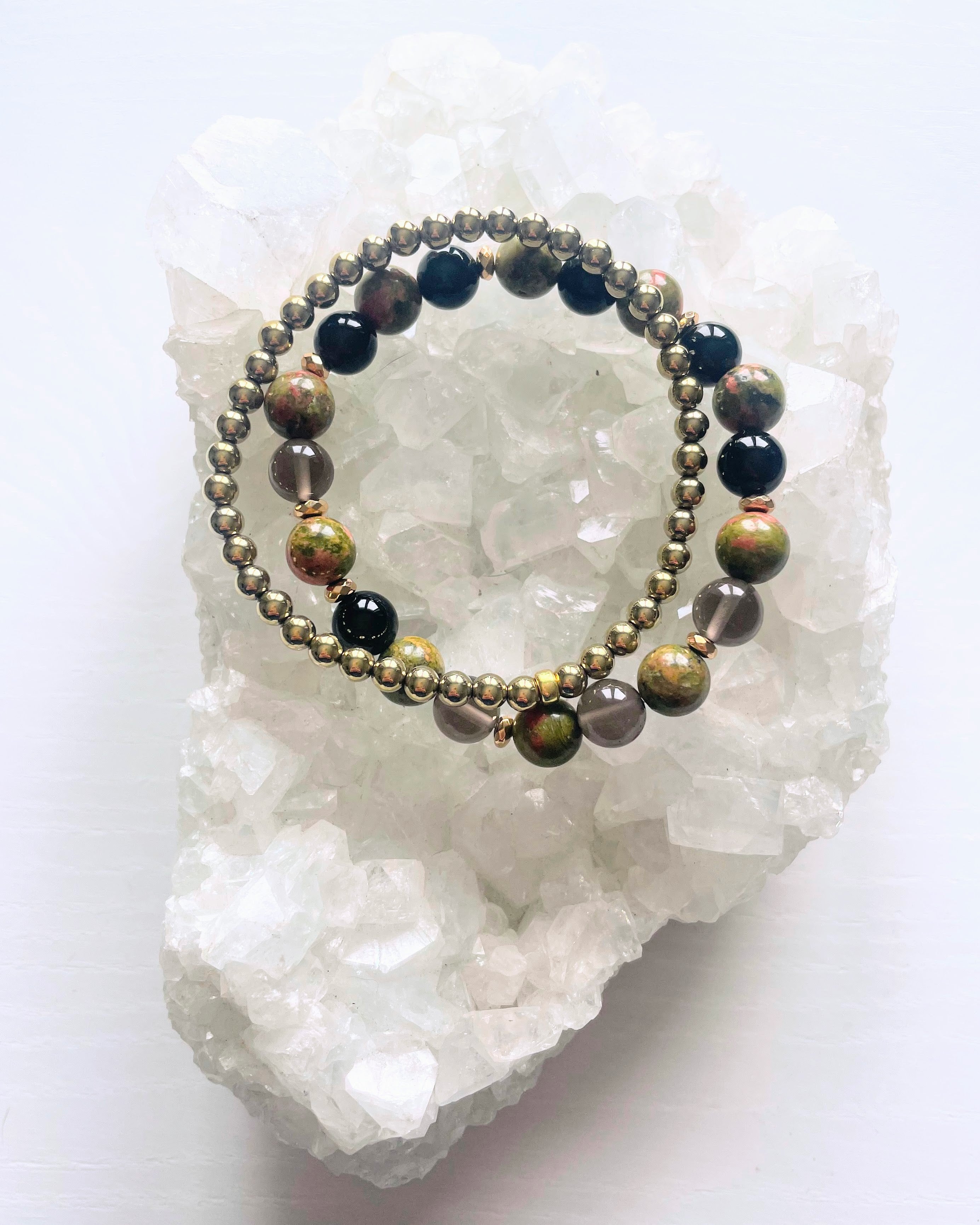 Unakite, Smoky Quartz, Obsidian + Hematite (Set)