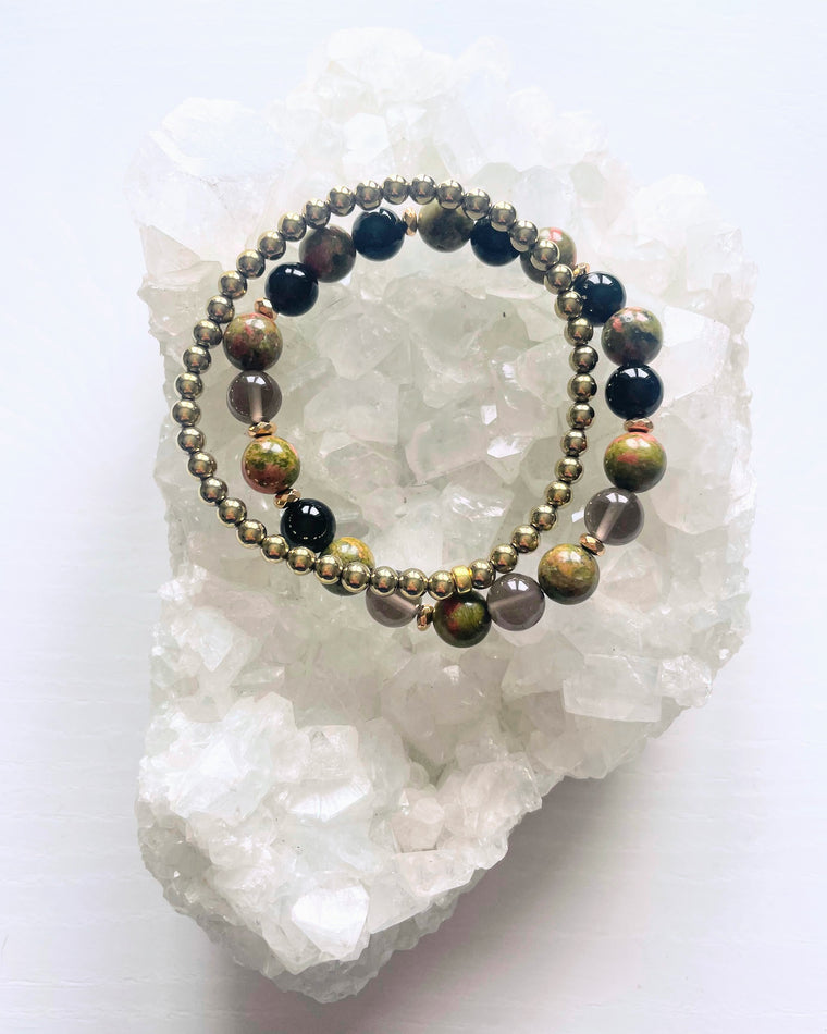 Unakite, Smoky Quartz, Obsidian + Hematite (Set)