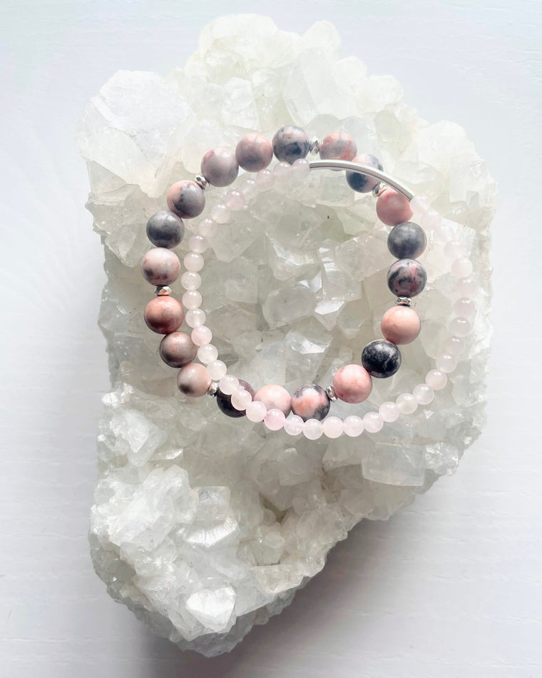 Pink Zebra Jasper + Rose Quartz + Sterling Silver (Set)