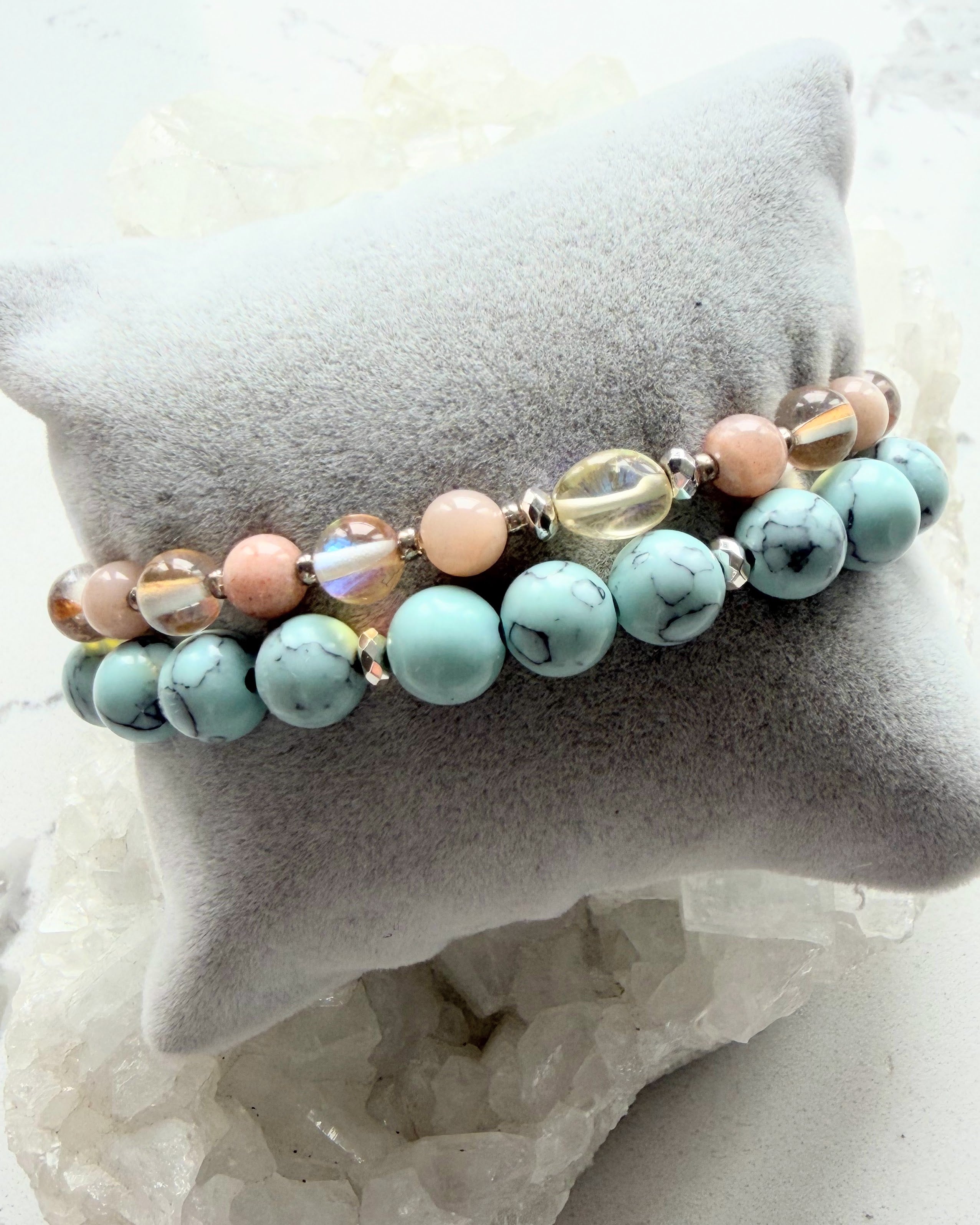 Blue Howlite + Sunstone, Champagne Aura Quartz, Citrine  (Set)