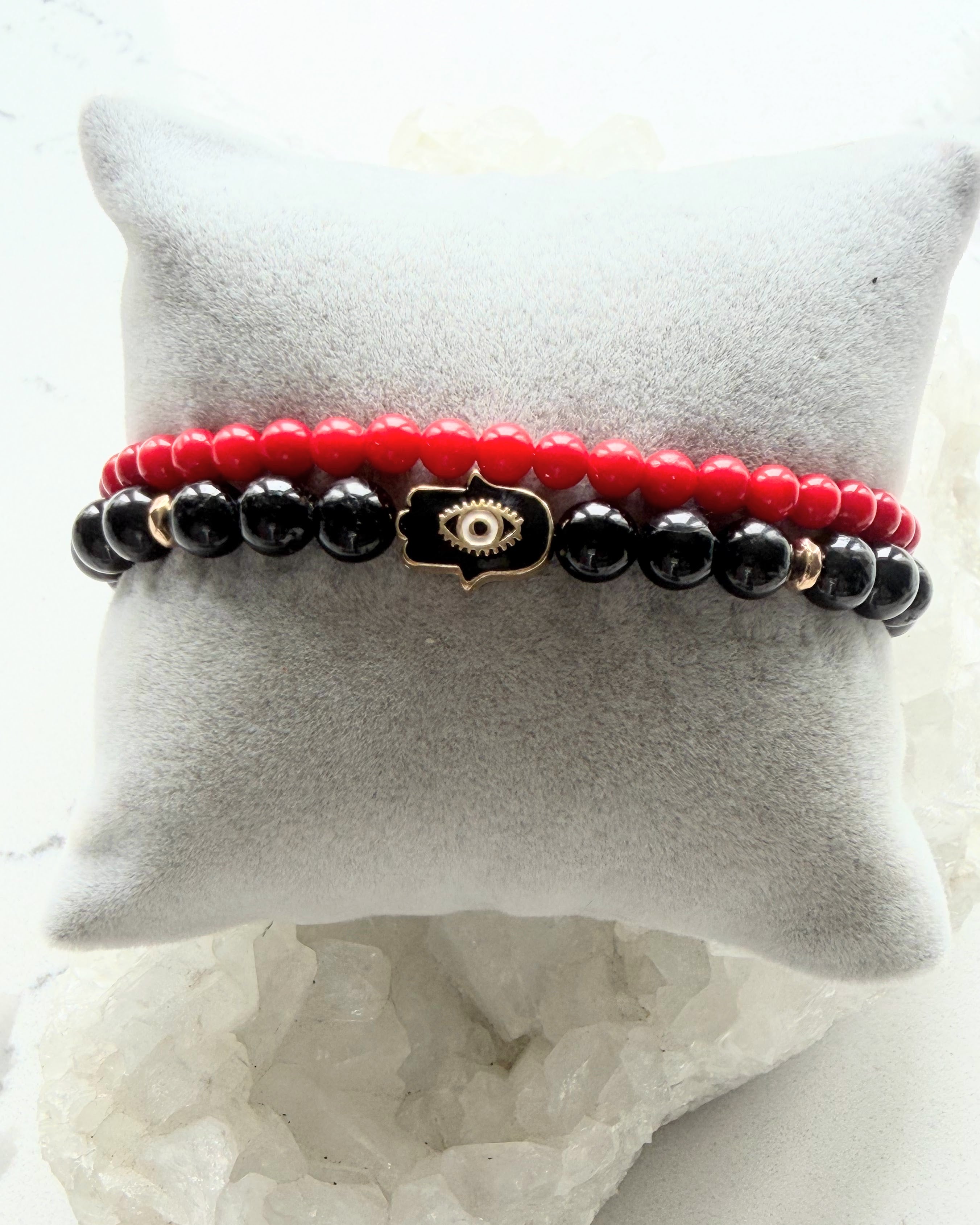 Black Tourmaline, Hamsa Hand + Red Coral (Set)
