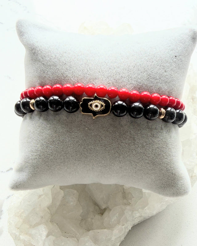 Black Tourmaline, Hamsa Hand + Red Coral (Set)