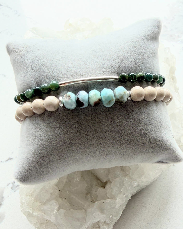 Ivory Jasper, Larimar + Moss Agate, Sterling Silver (Set)