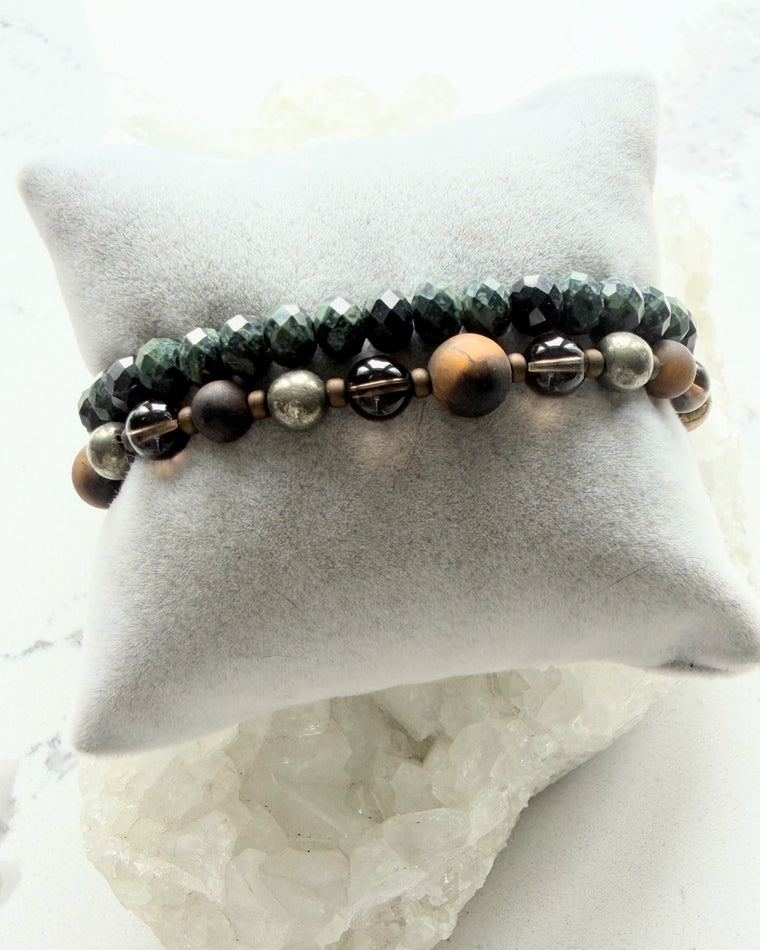 Kambaba Jasper + Smoky Quartz, Pyrite, Tigers Eye (Set)