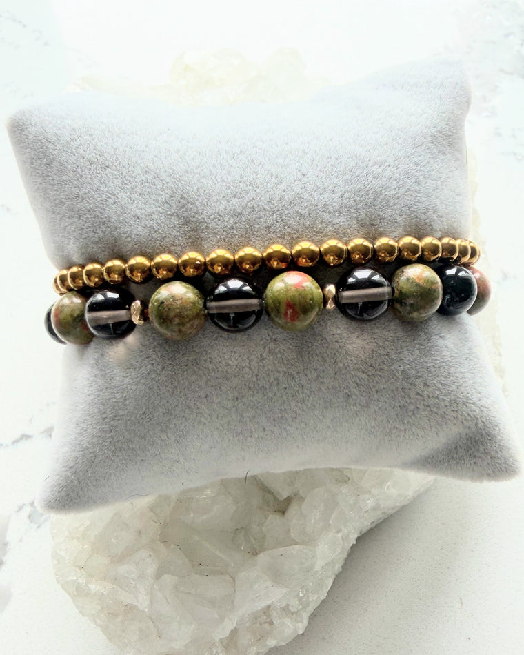 Unakite, Smoky Quartz, Obsidian + Hematite (Set)